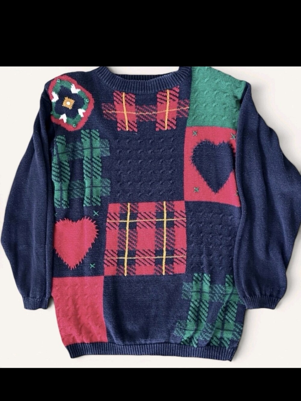 Jantzen Vintage Navy Patchwork Heart Sweater Women Medium Teacher Granny Core